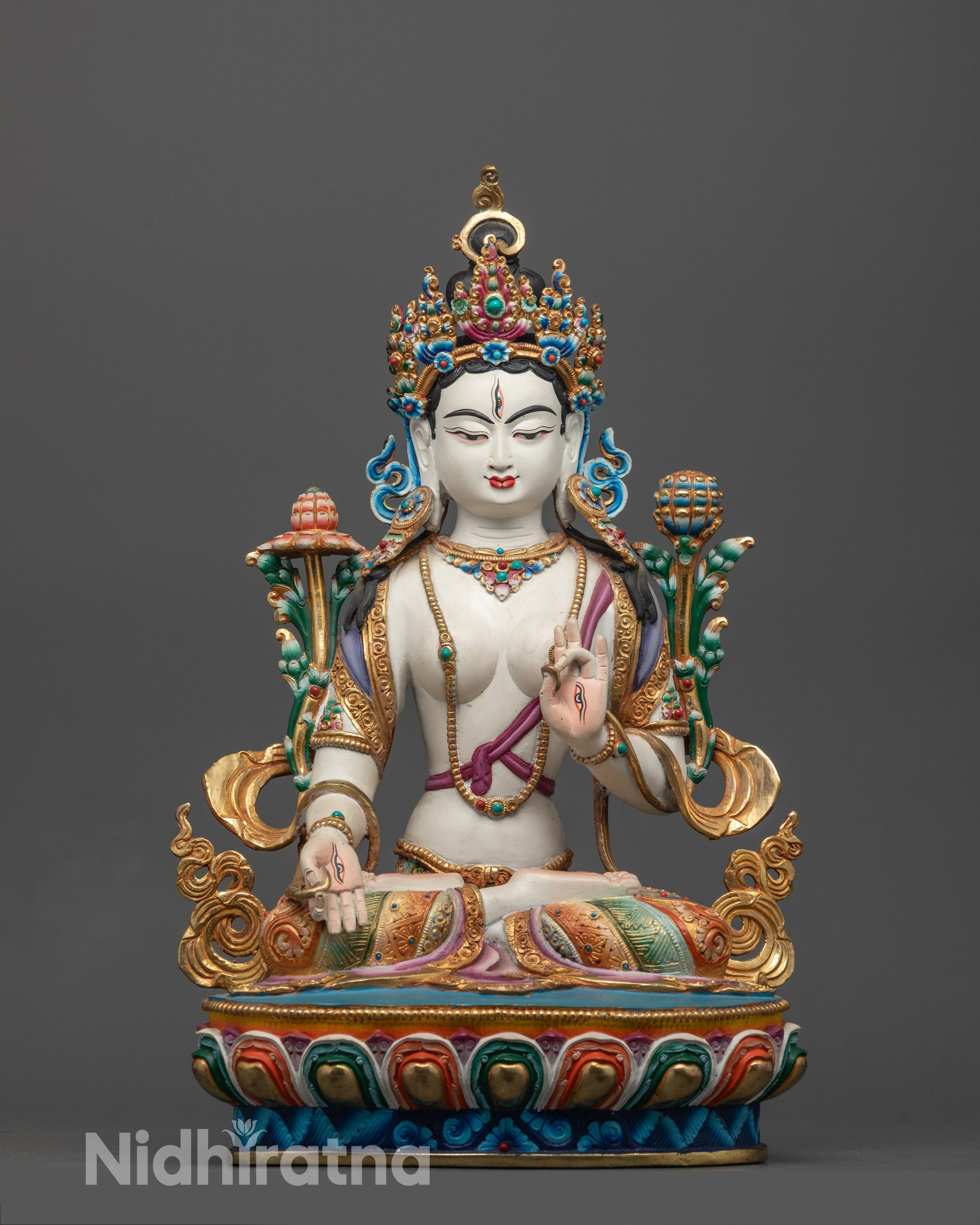Beautifully Colored Tibetan Healing White Tara Statue