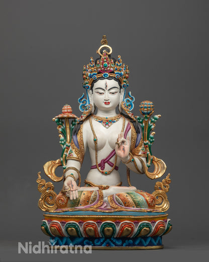 Beautifully Colored Tibetan Healing White Tara Statue