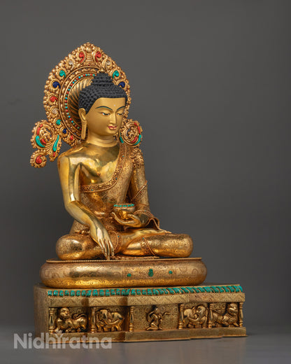  carved robe and halo on Shakyamuni Gautama Buddha statue adorned with semi-precious stones and rich acrylic colors