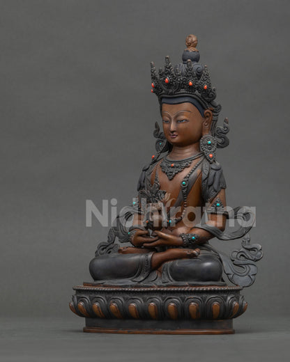 Chemically oxidized Amitayus Statue with acrylic painted copper finish.
