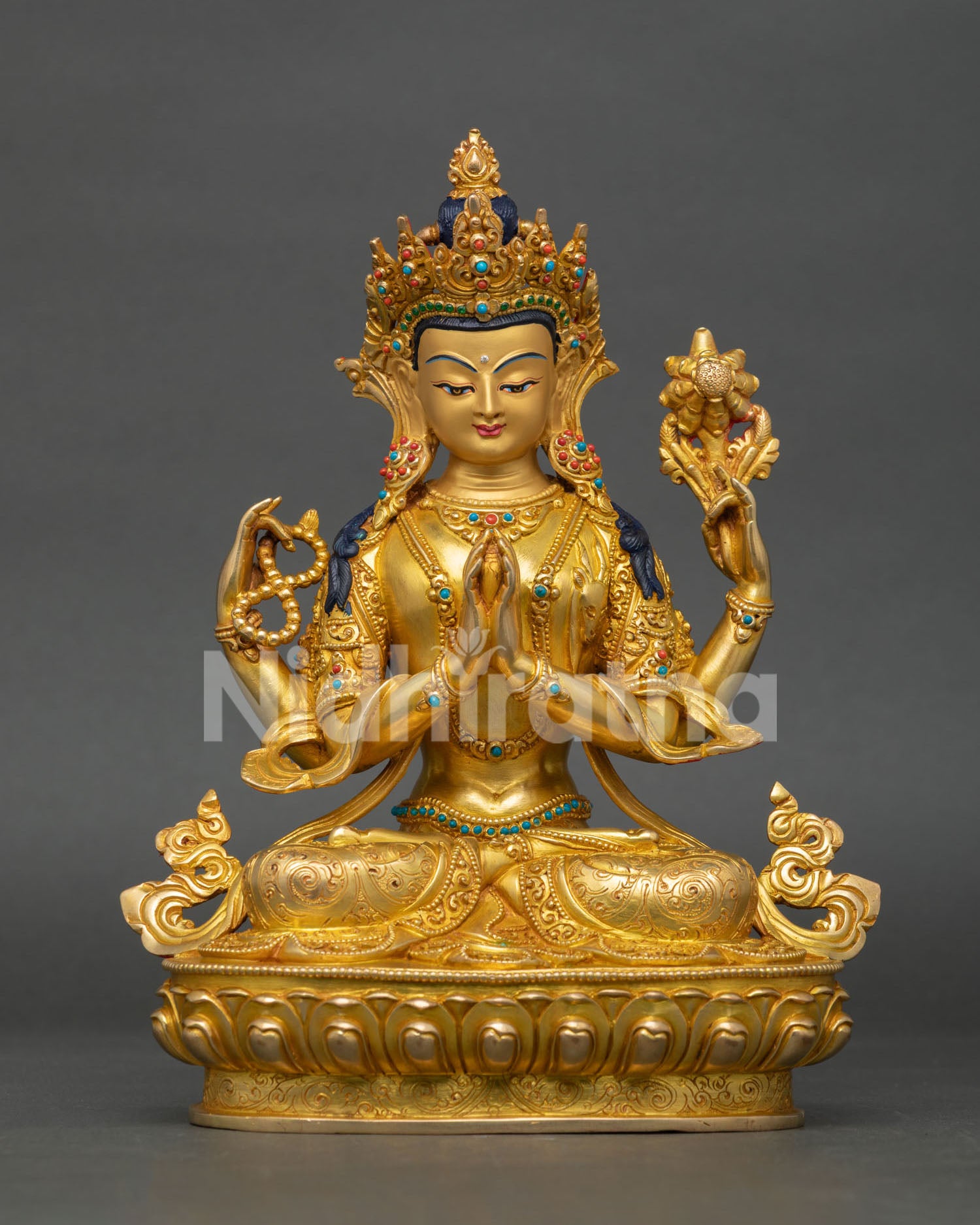 chenrezig avalokiteshvara copper statue with gold gilded details front view