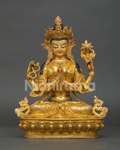 chenrezig avalokiteshvara copper statue with gold gilded details front view