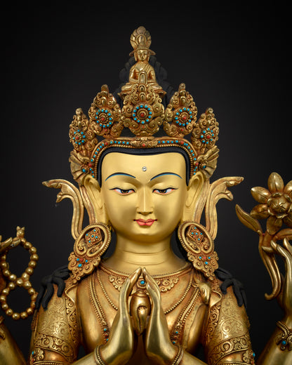 Chenrezig Avalokiteshvara statue close up, five-point diadem with Amitabha Buddha