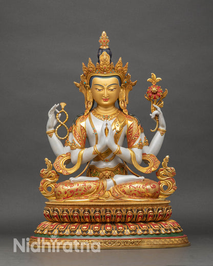 Chenrezig Avalokiteshvara statue front view, four arm Tibetan Buddhist deity in gold and copper