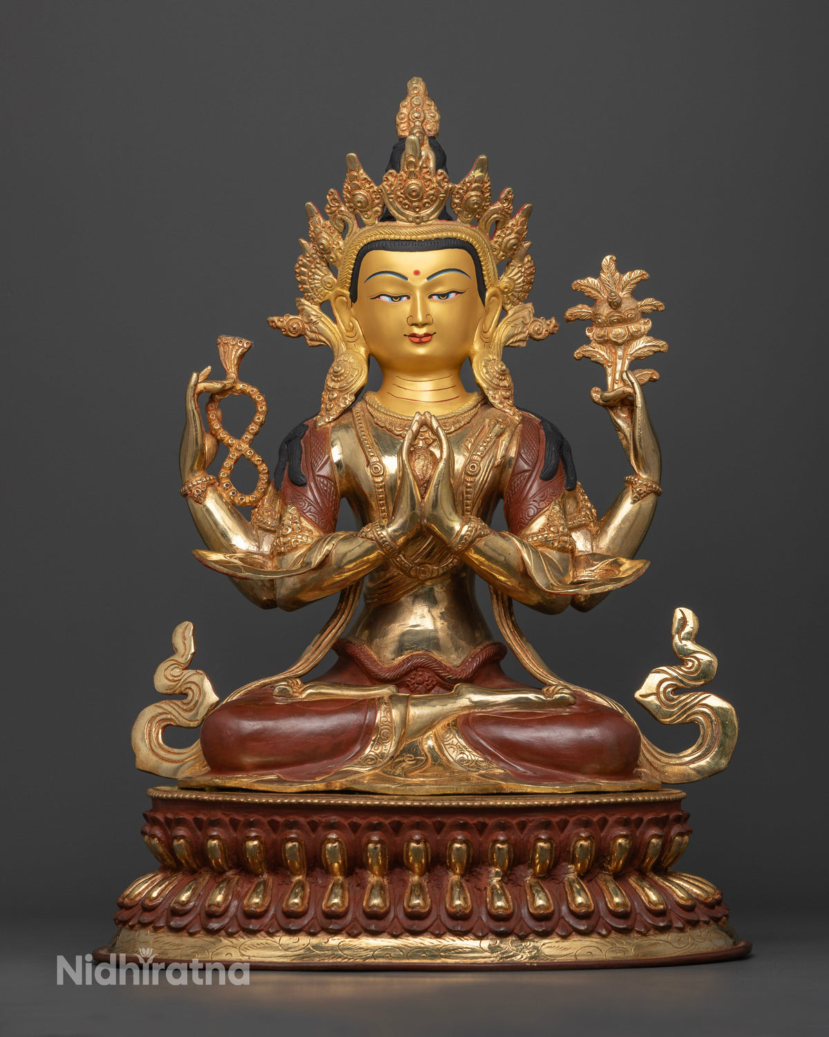 Chenrezig Avalokiteshvara Statue Oxidized Copper with Gold-Gilded Details