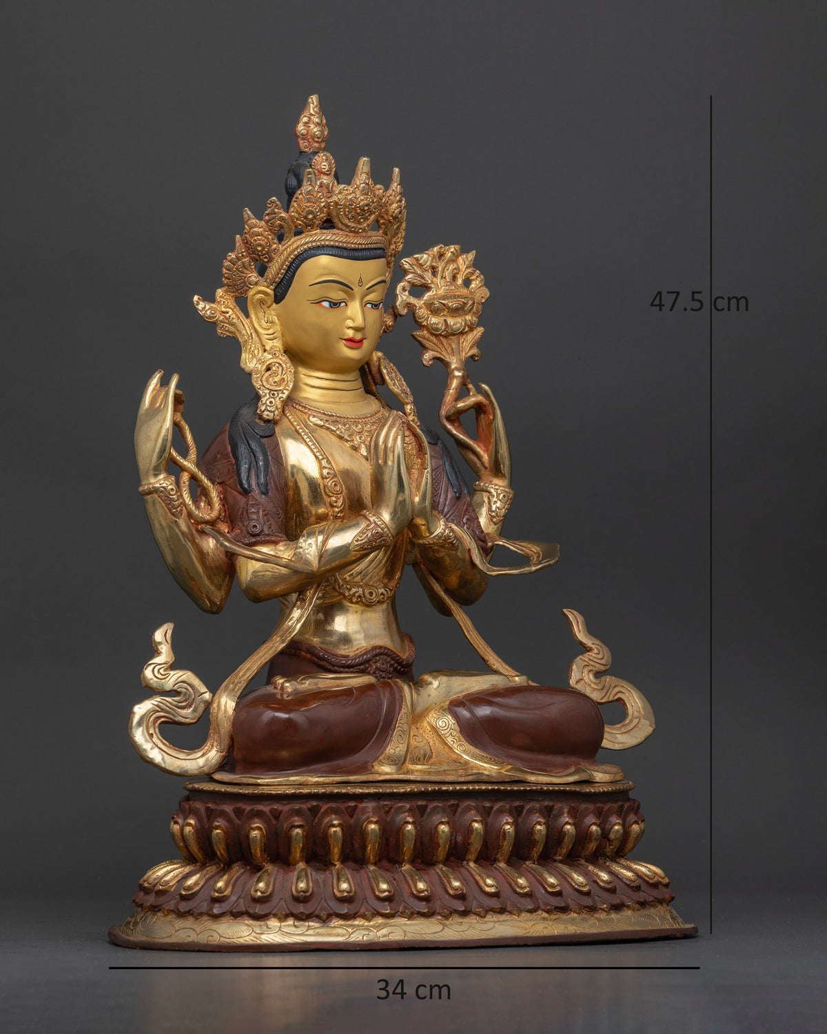 Chenrezig bodhisattva seated on handcarved double lotus pedestal with crystal rosary and white lotus.