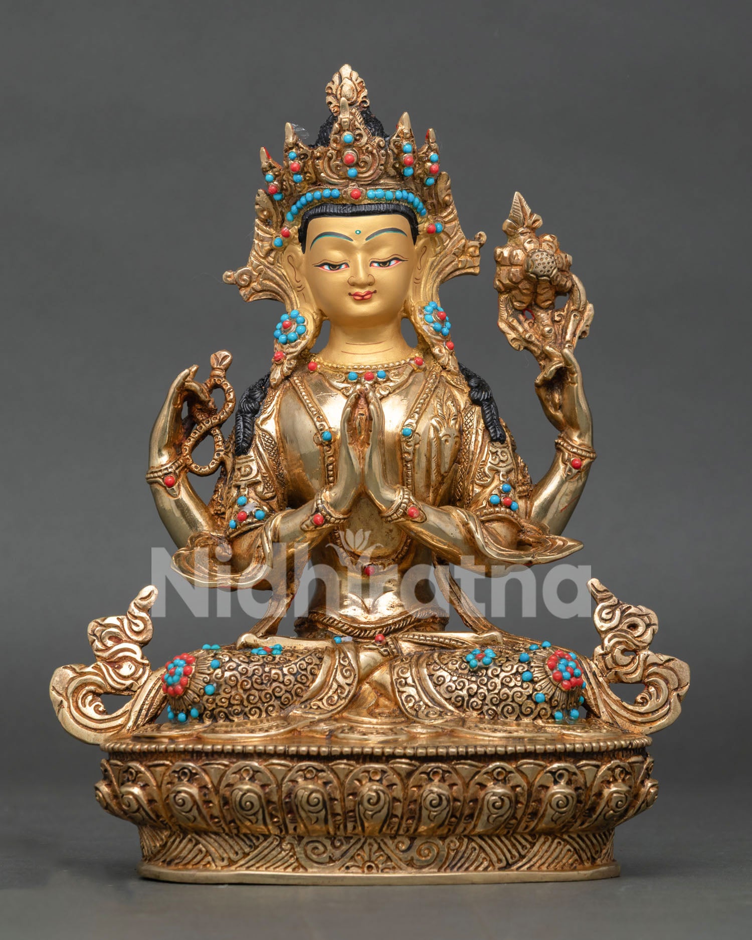 Chenrezig Bodhisattva Statue handcrafted in Nepal with 24K gold gilding and lotus throne