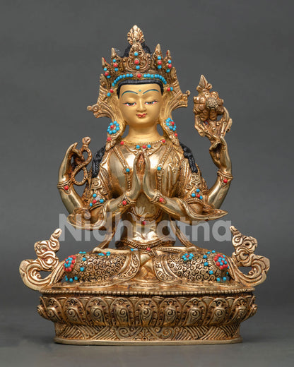 Chenrezig Bodhisattva Statue handcrafted in Nepal with 24K gold gilding and lotus throne