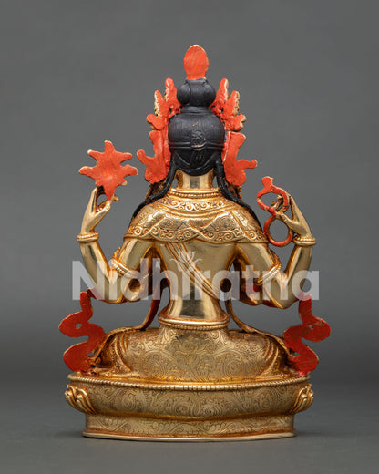 Chenrezig Bodhisattva statue showing patterned robes and intricate nepalese craftsmanship.