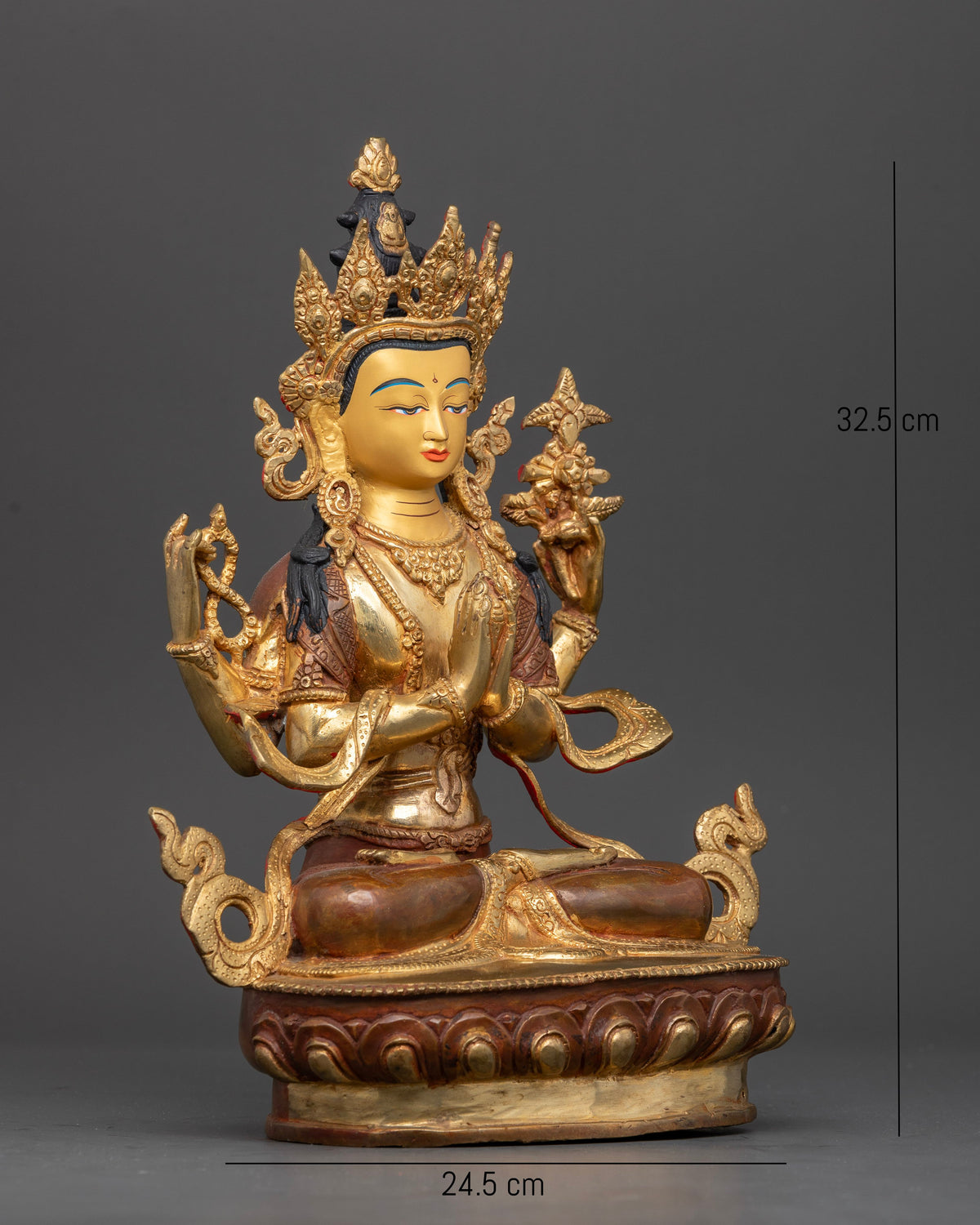 Chenrezig Bodhisattva statue with crystal rosary blooming lotus and wish fulfilling jewel.