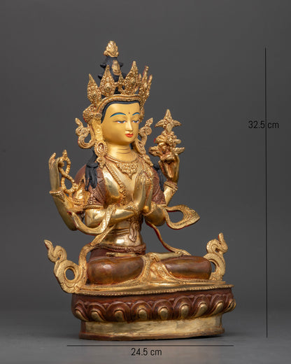 Chenrezig Bodhisattva statue with crystal rosary blooming lotus and wish fulfilling jewel.