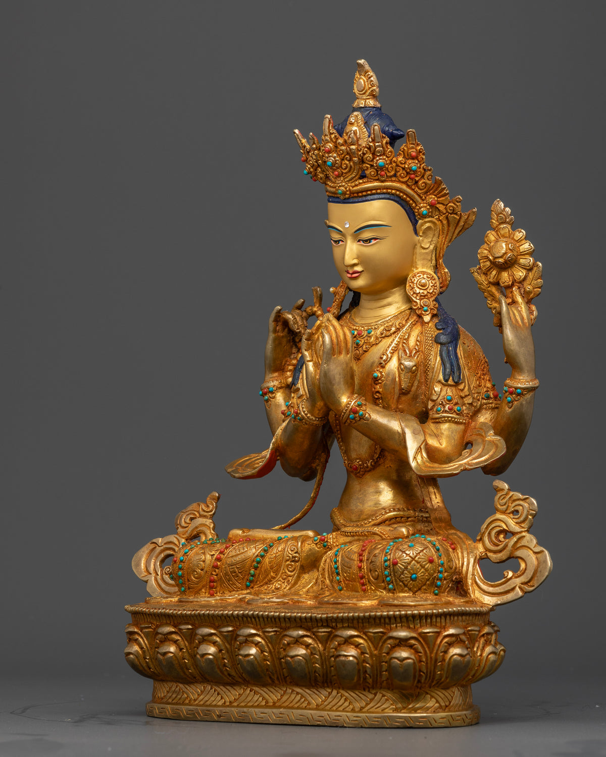 Chenrezig Buddhist compassion deity statue with intricate garments from Patan Nepal