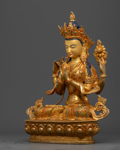 Chenrezig Buddhist compassion deity statue with intricate garments from Patan Nepal