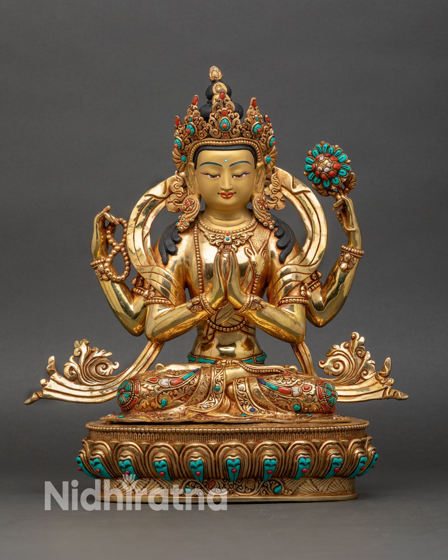 Chenrezig copper statue front view handcrafted in Nepal with gold gilding