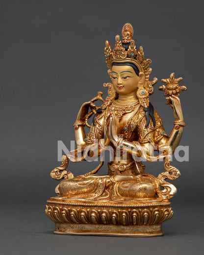 Chenrezig holding wish fulfilling jewel and white lotus on lotus pedestal.