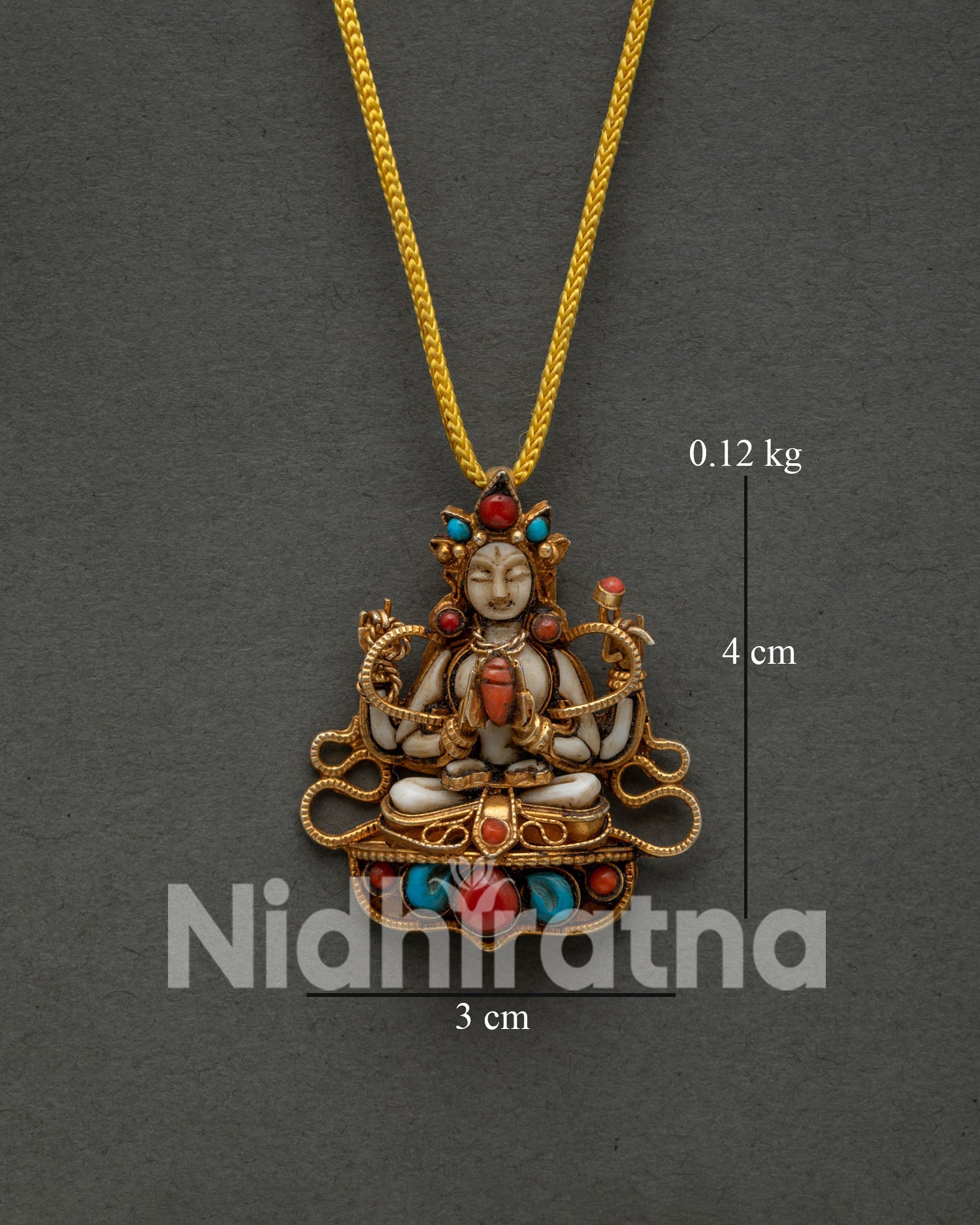 Chenrezig Locket with Gold Plated Copper White Stone Body Turquoise and Coral Inlays