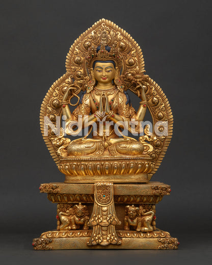 Chenrezig on throne statue front view with four armed Avalokiteshvara design