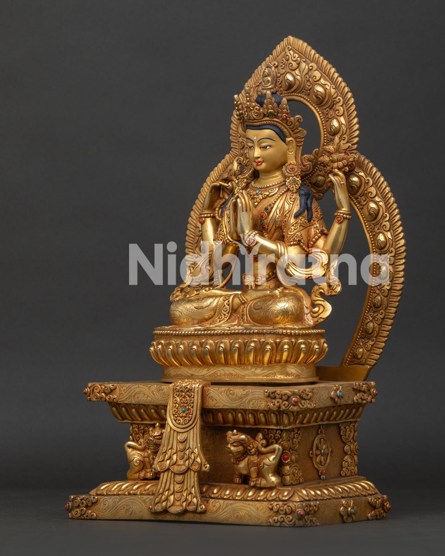 Chenrezig on throne statue left view side showing handcrafted carvings