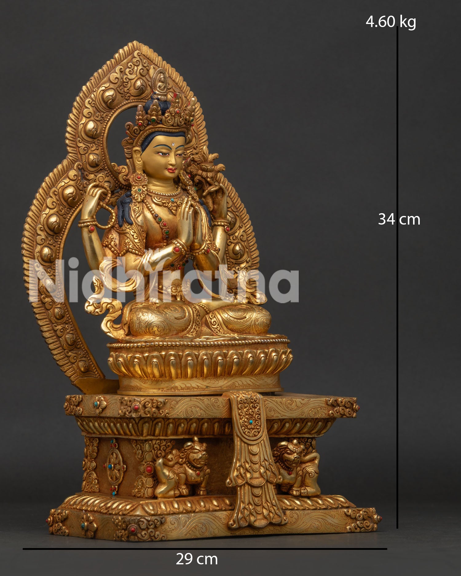 Chenrezig on throne statue right view side showing lion pedestal details