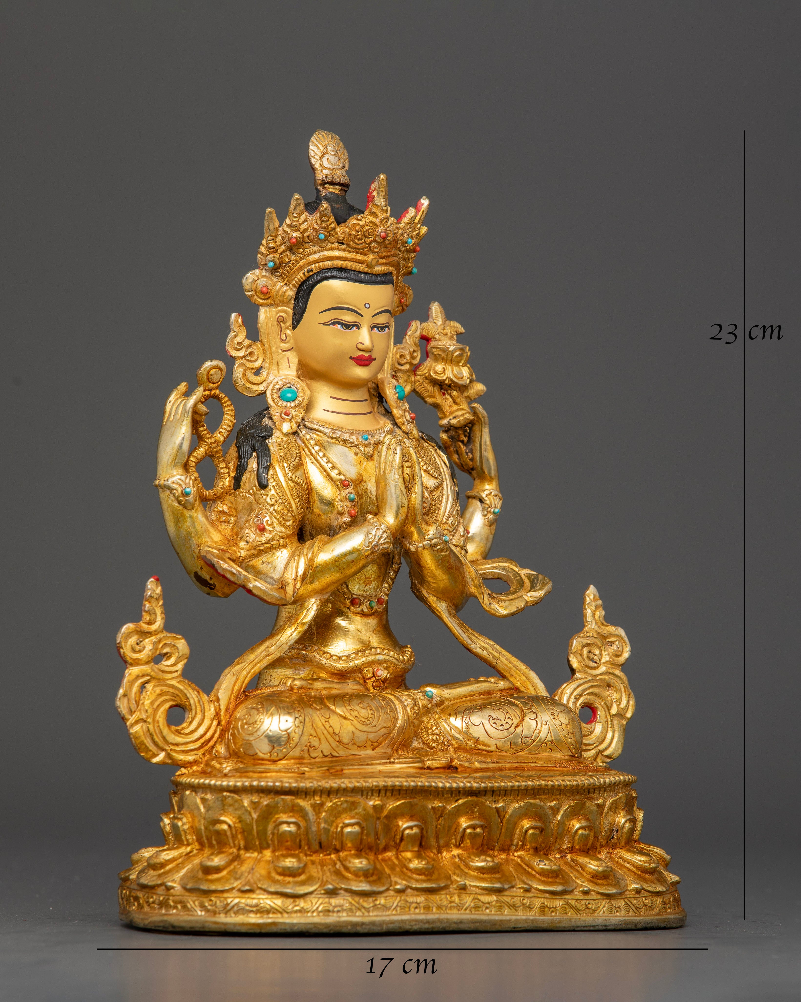 Chenrezig seated on double lotus pedestal holding mala lotus and wish-fulfilling jewel