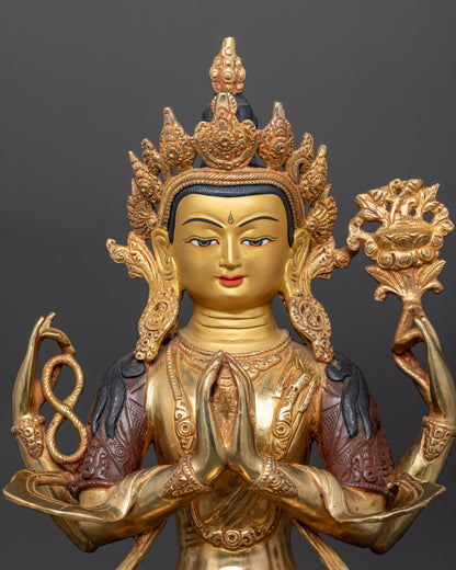 Chenrezig statue 24k gold details jewel crown silk garment layered necklaces and wish fulfilling jewel.