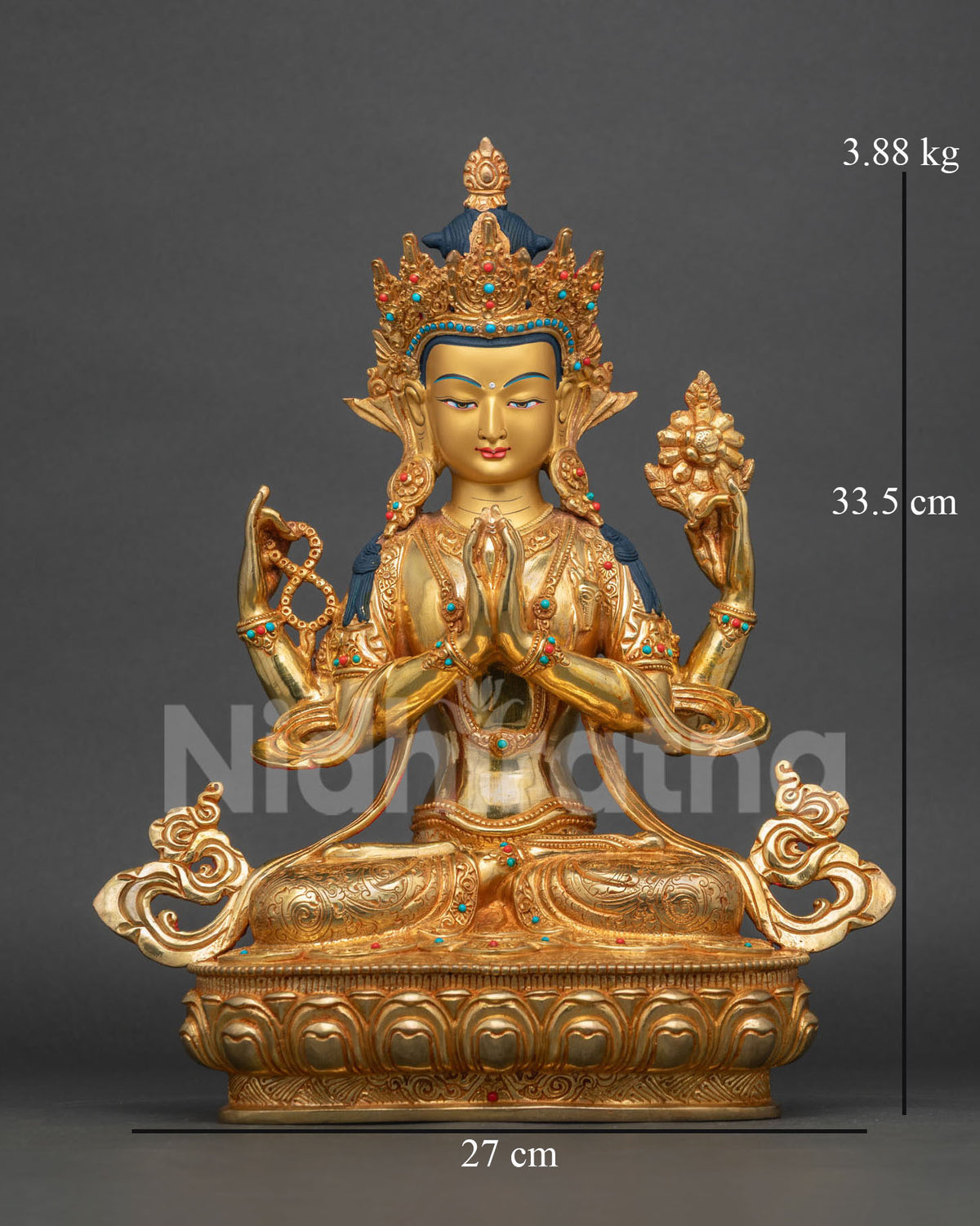 Chenrezig Statue 24k gold fire gilded copper Avalokiteshvara Nepal.