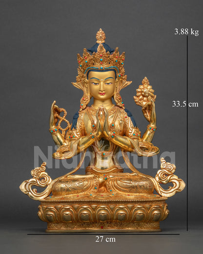 Chenrezig Statue 24k gold fire gilded copper Avalokiteshvara Nepal.