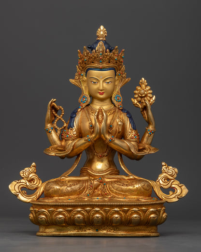 Chenrezig Statue 24K Gold Gilded Copper Four Armed Avalokiteshvara Sculpture