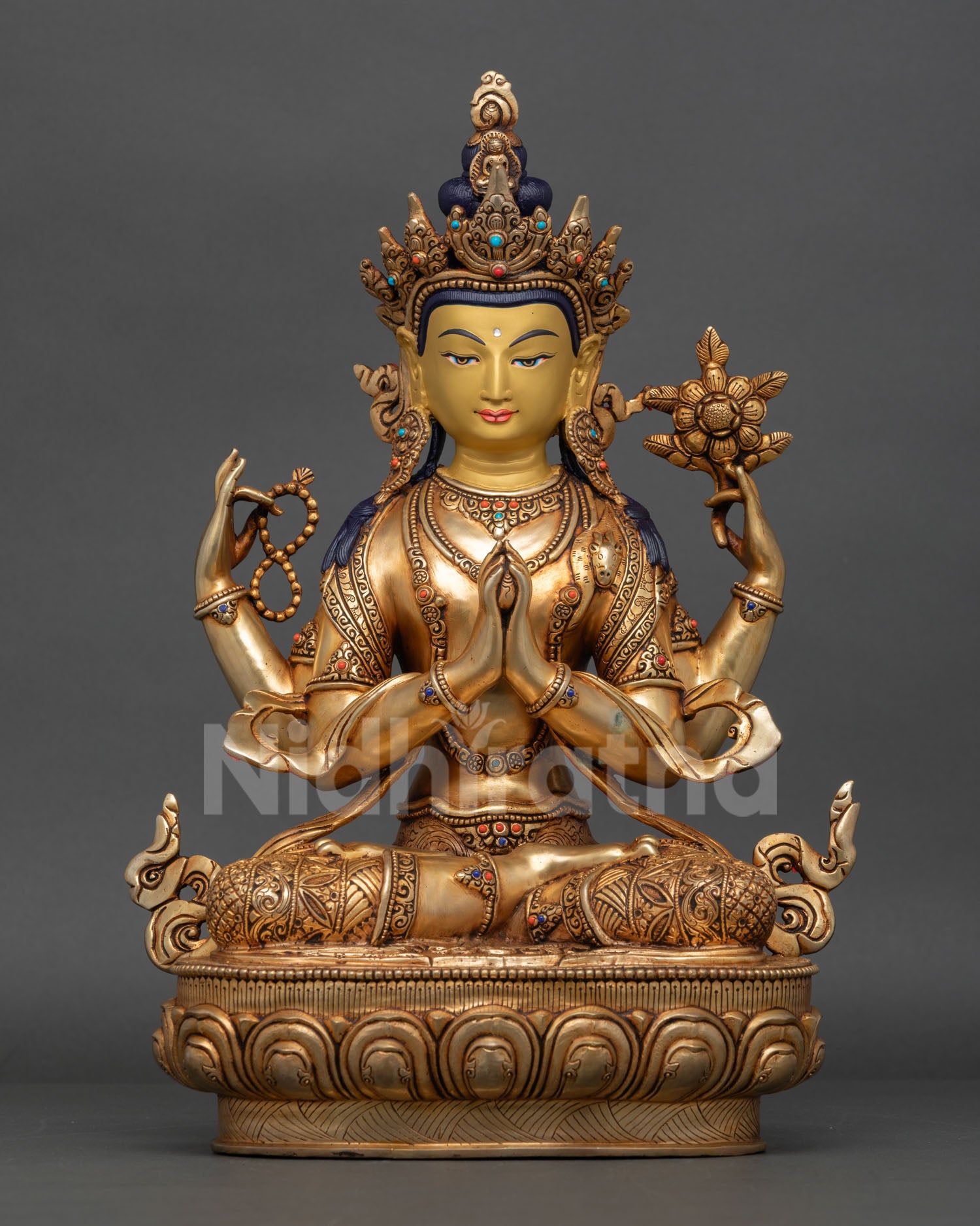 Chenrezig Statue, 24K Gold Gilded, Gold-Painted Face, Bodhisattva of Compassion, Nepalese Art
