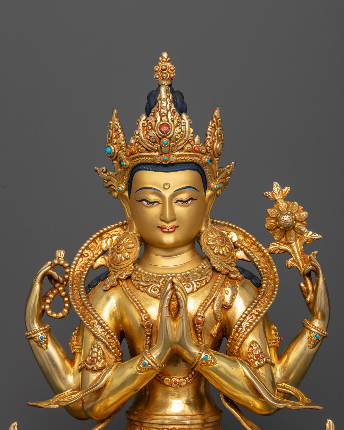 Chenrezig statue 24K gold painted face ornate jewel crown semi precious stones.