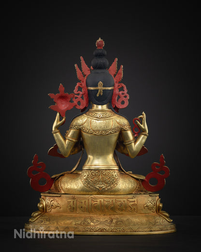 Chenrezig Statue Back View - 24K Gold Fire-Gilded Copper Sculpture