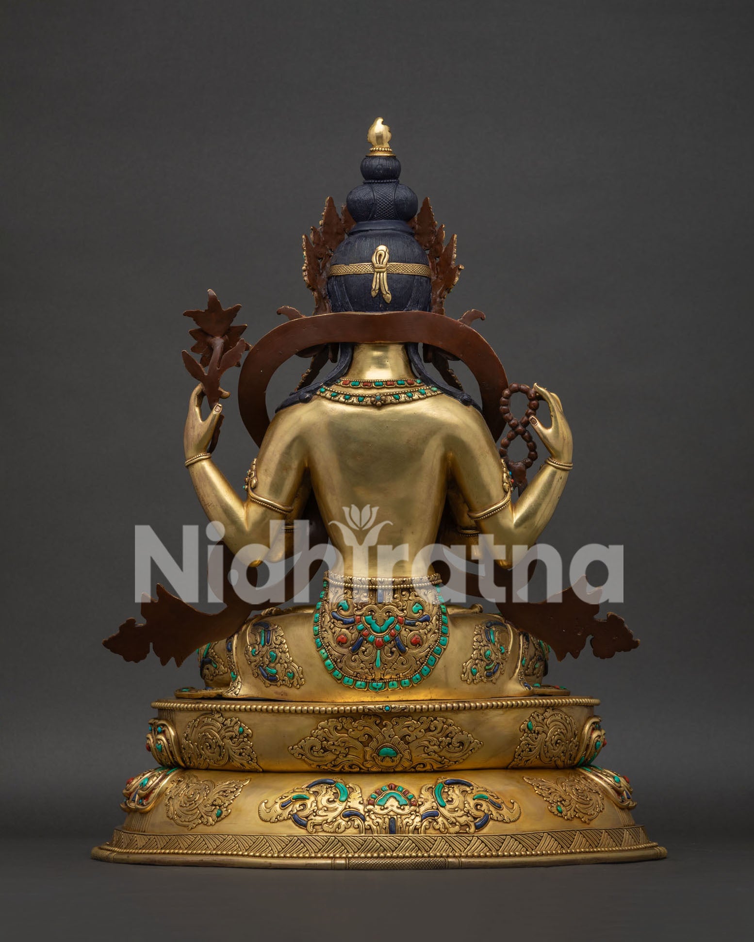 chenrezig statue back view double lotus throne detail 24k gold fire gilded copper sculpture nepal