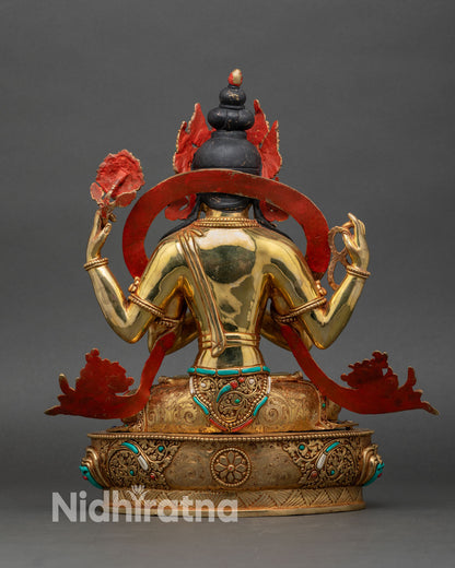 Chenrezig statue back view showing halo, ornaments, and lotus base