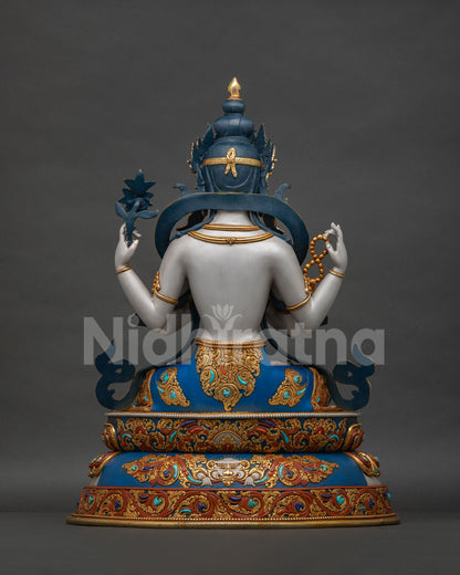 Chenrezig statue Jeju, back view showing ornate lotus pedestal and decorative Kirtimukha detail