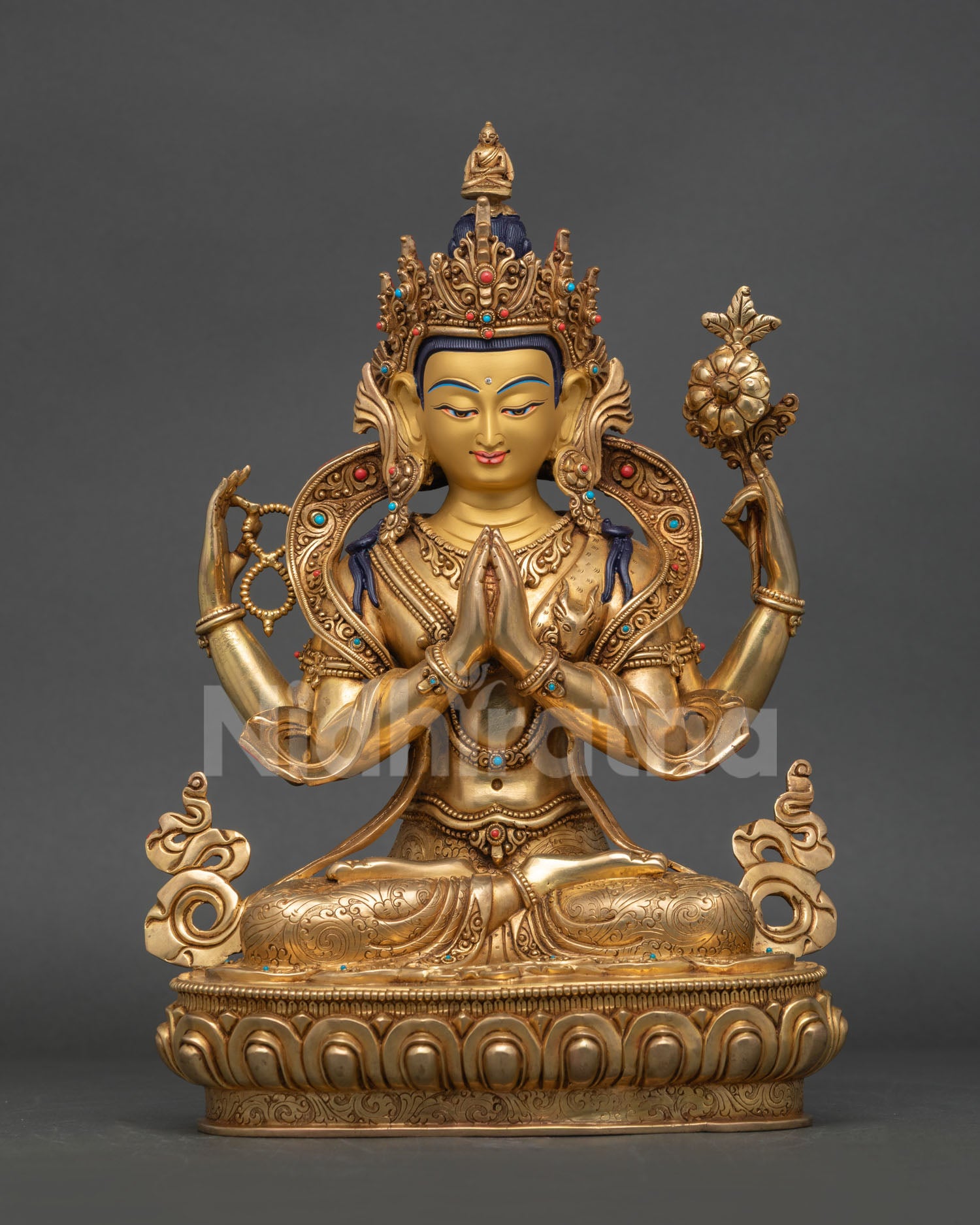Front view of Chenrezig statue, Bodhisattva of Compassion, seated on lotus throne, handcrafted Newari artisan