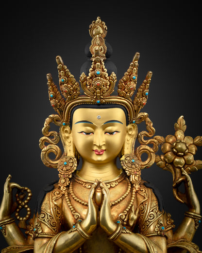 Chenrezig Statue Close-Up - 24K Gold Fire-Gilded Avalokiteshvara Sculpture