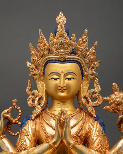 Chenrezig statue close up detail hands anjali mudra crystal rosary utpala lotus Tibetan Buddhist compassion deity art