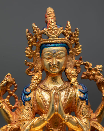 Chenrezig statue close up detailed Buddhist sculpture copper gold gilded craftsmanship