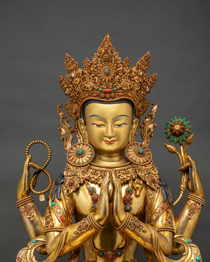 Chenrezig Statue close-up of gold robe and turquoise inlaid jewelry
