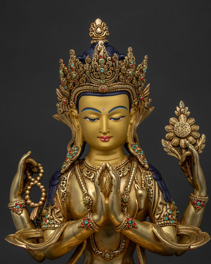 Chenrezig Statue Close Up with 24K Gold Fire Gilding and Semi Precious Stone Details