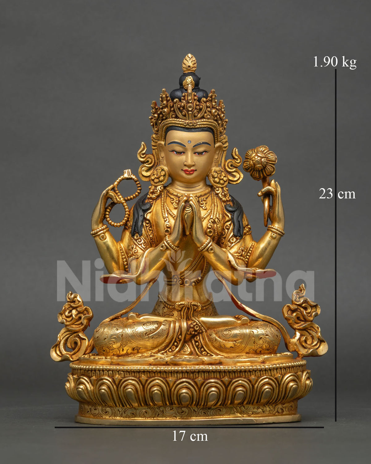 Chenrezig Statue copper gold fire gilded Bodhisattva compassion Patan Nepal.