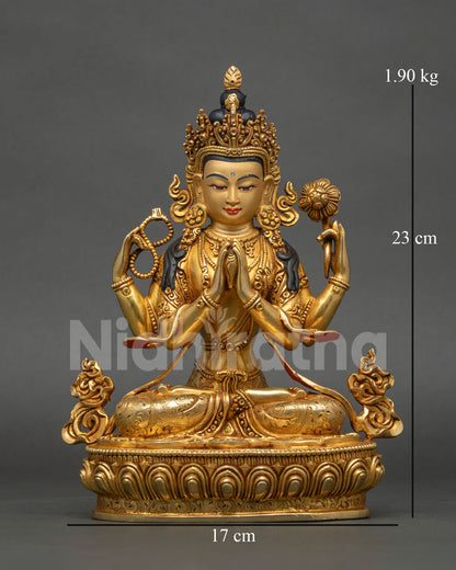 Chenrezig Statue copper gold fire gilded Bodhisattva compassion Patan Nepal.