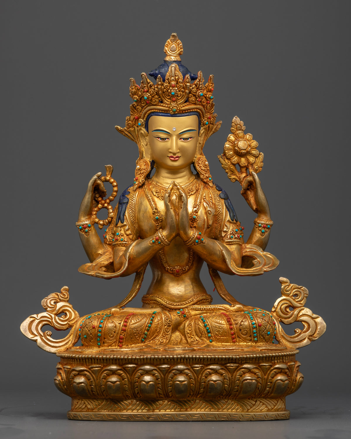 Chenrezig Statue copper gold gilded Buddhist Bodhisattva with lotus pedestal