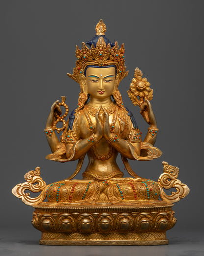 Chenrezig Statue copper gold gilded Buddhist Bodhisattva with lotus pedestal
