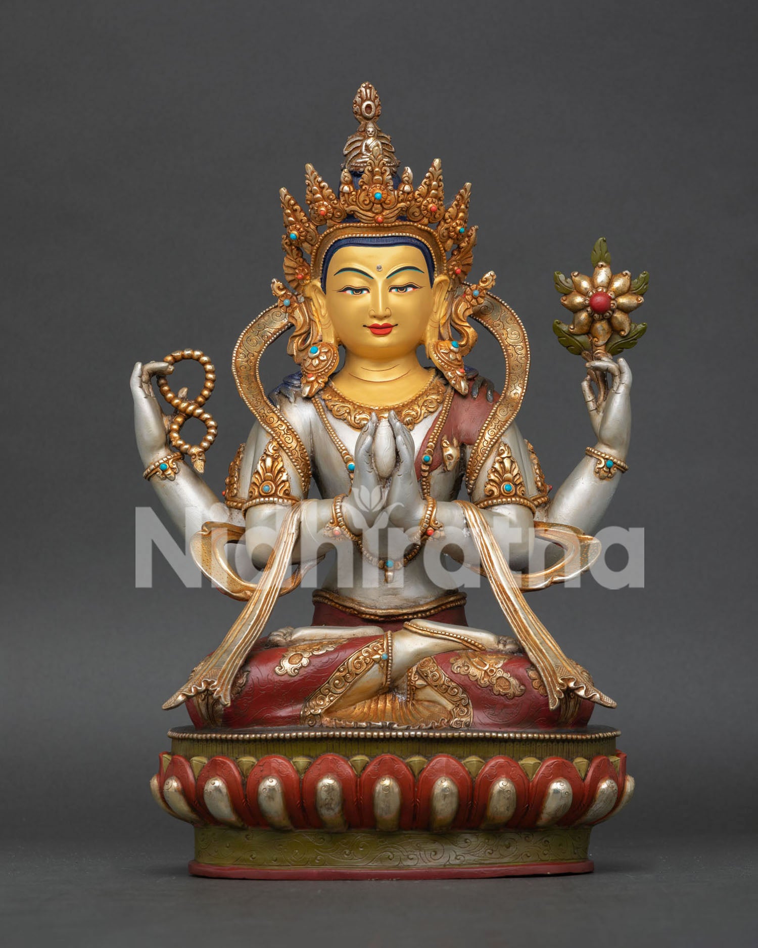 Chenrezig Statue Copper with Gold Gilded Finish Newari Craft from Patan Nepal Adorned with Turquoise and Coral Stone Seated on Lotus Throne with Silk Scarf.