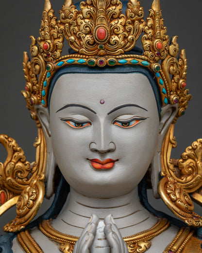 Chenrezig statue Ulsan, detailed face close up with jeweled crown and hand painted acrylic details