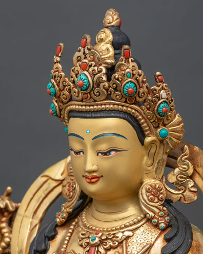 Chenrezig statue detailed side close up showing jewelry and stone inlay