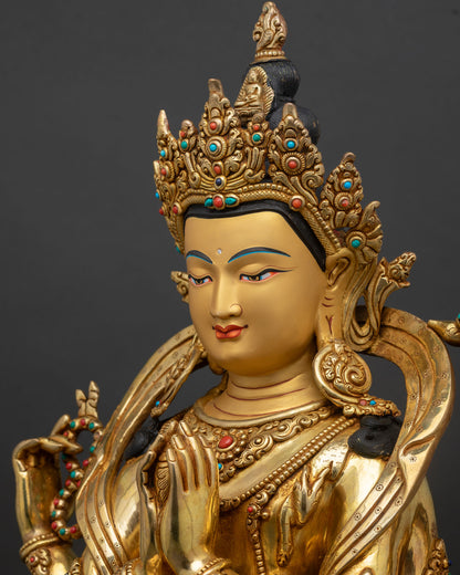 chenrezig statue detailed side view intricate carvings gold gilded copper art