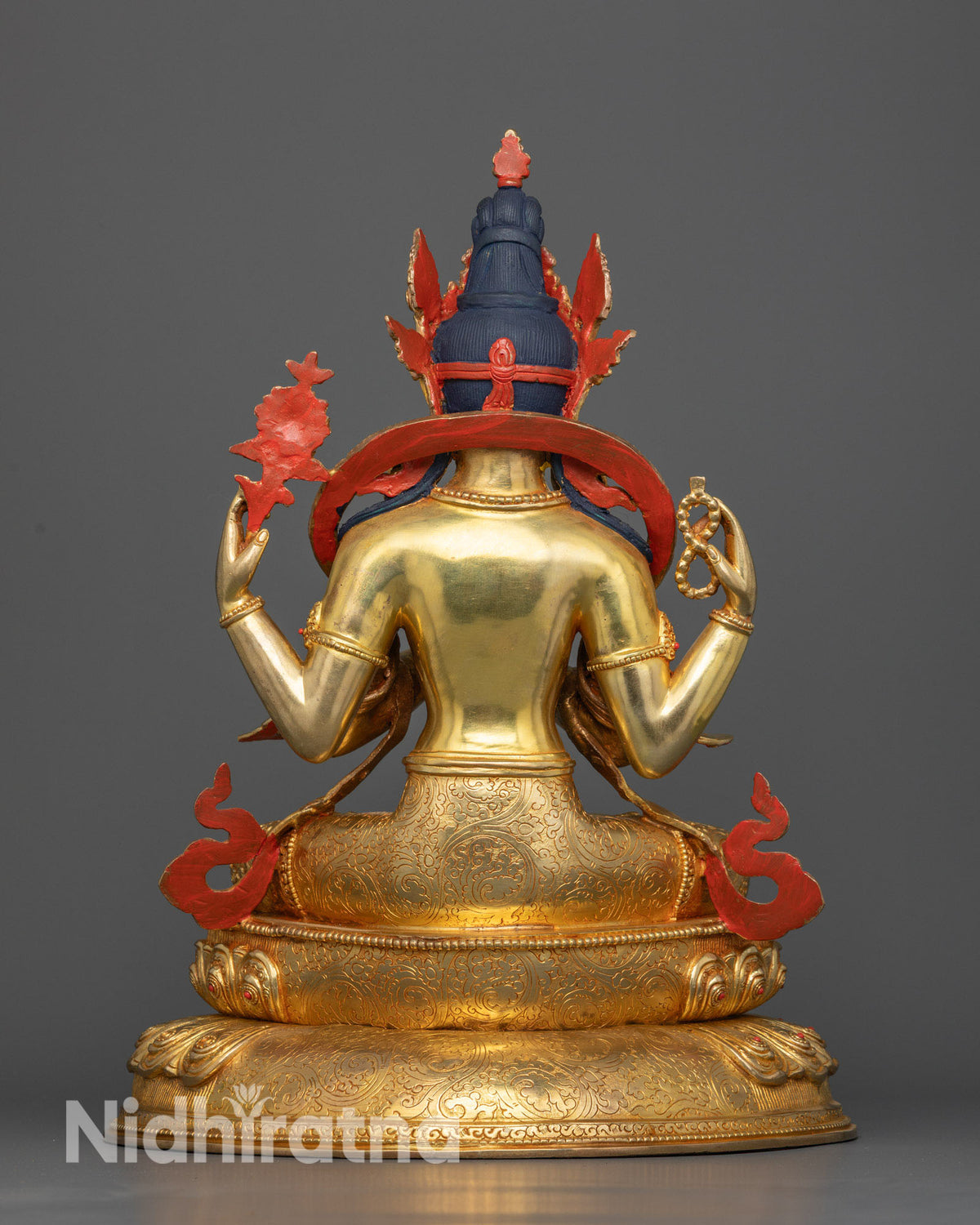 Chenrezig statue double lotus pedestal copper sculpture Newari artistry Nepal.