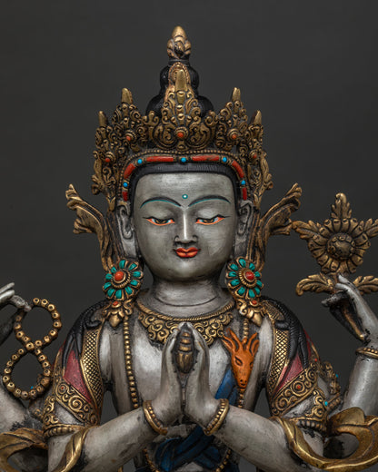 Chenrezig Statue Face Close Up with Amitabha Crown and Compassionate Expression.